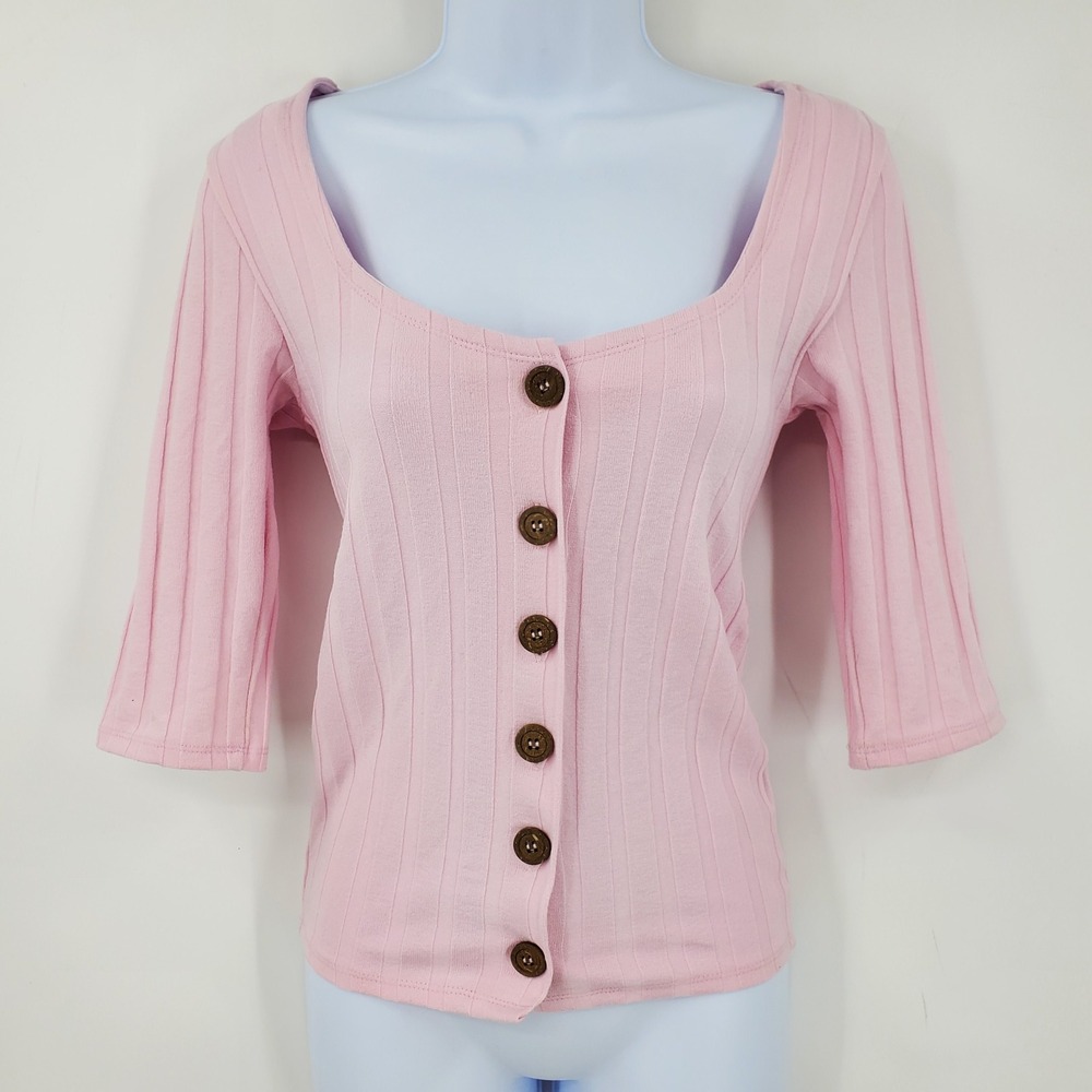 Free People‎ Pink Ribbed Knit Button Front Scoop Neck 3/4 Sleeve Top Small Fairy